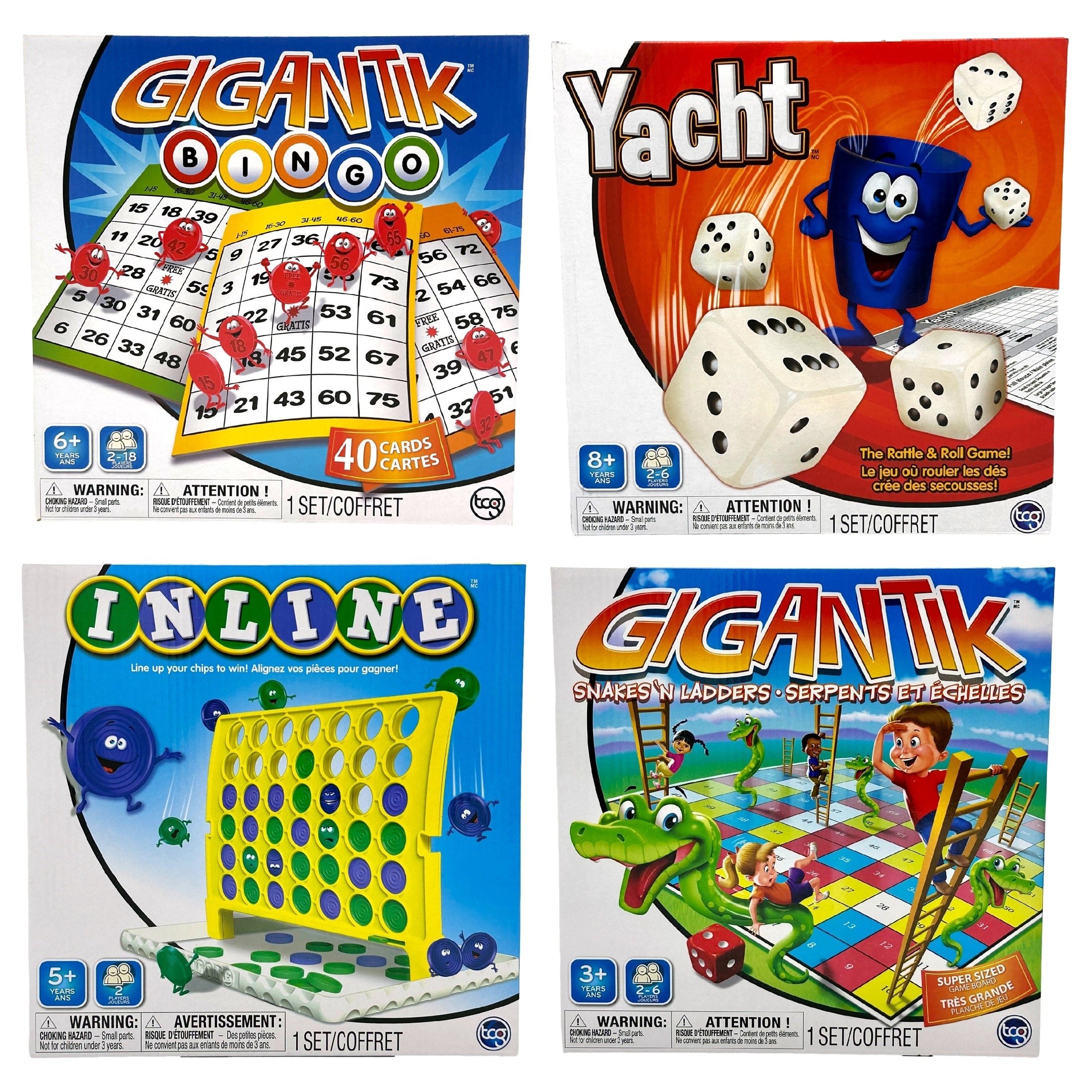 Four boxes of board games: Bingo, Yacht, Inline, and Snakes & Ladders.